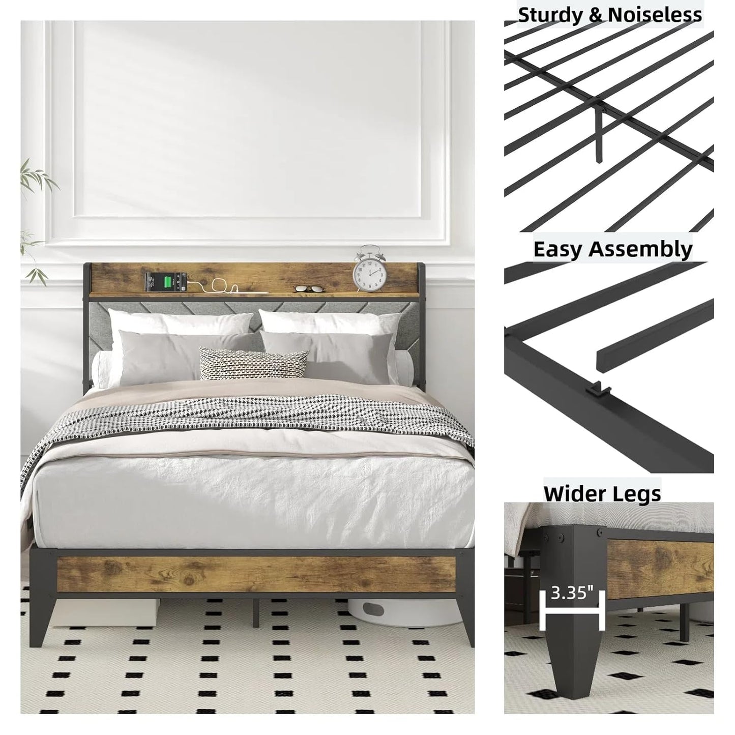 Wooden Platform Bed with Upholstered Headboard, Charging Station