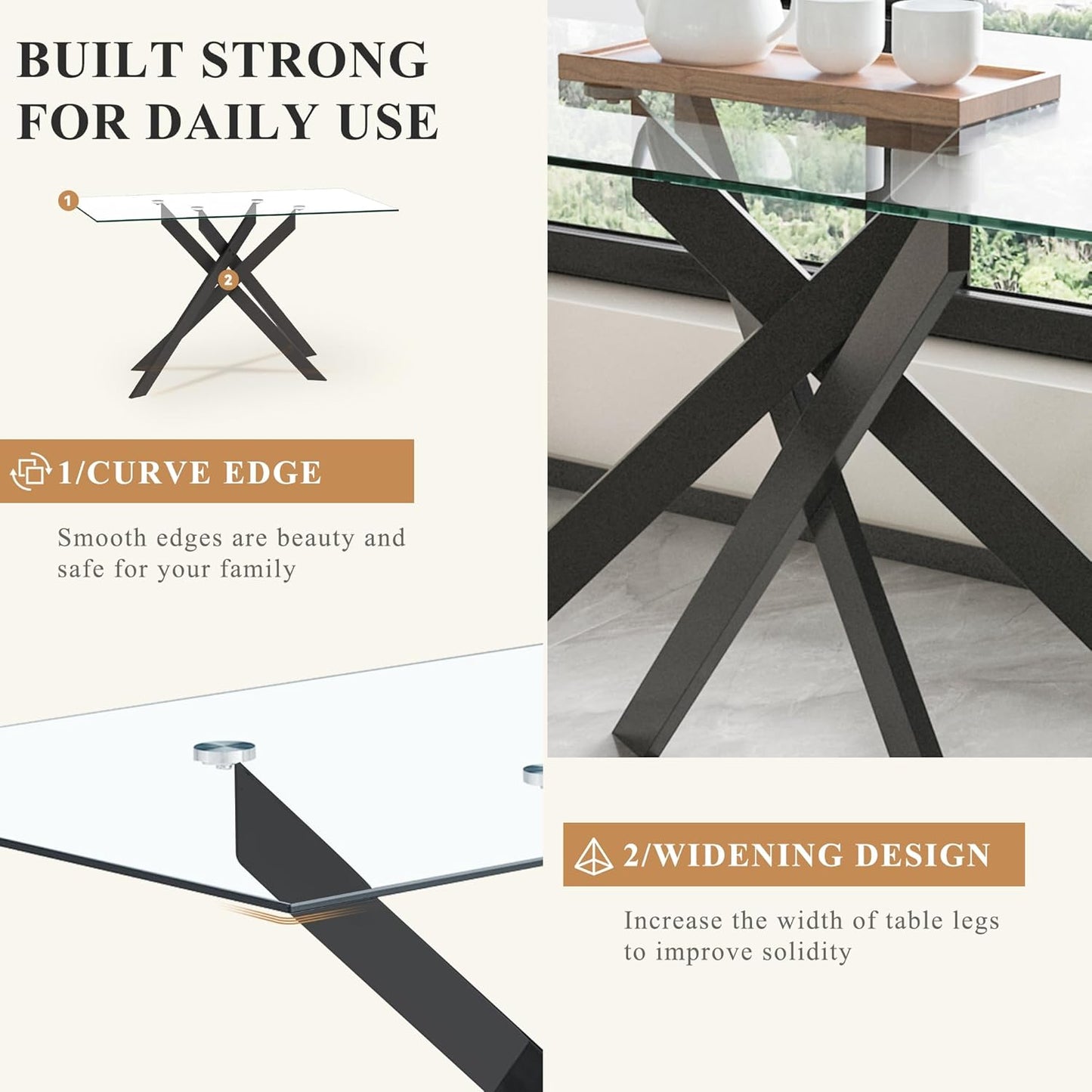 6 Seater Glass Dining Table with Solid Metal Legs