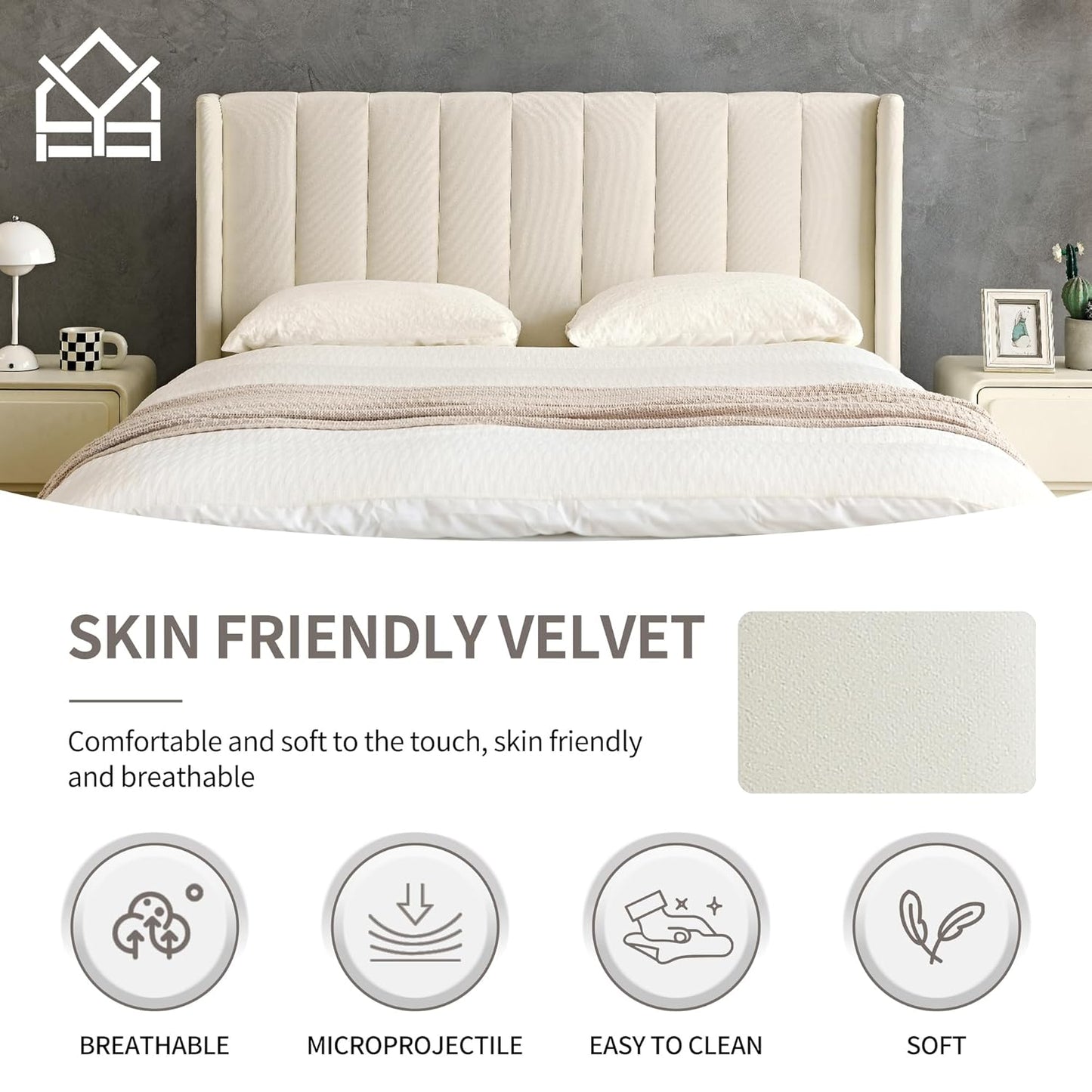 Wingback Velvet Upholstered Platform Bed Frame