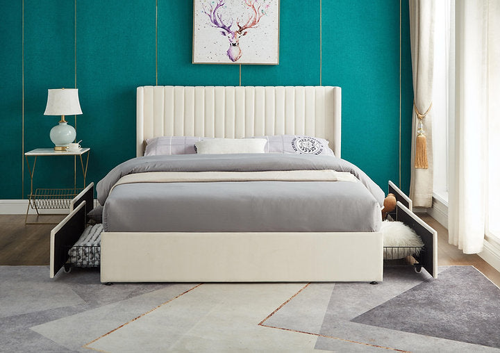 Beige Wingback Upholstered Platform Bed with 4 Drawers