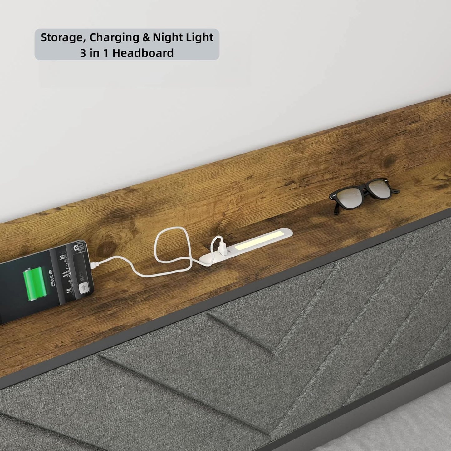 Wooden Platform Bed with Upholstered Headboard, Charging Station