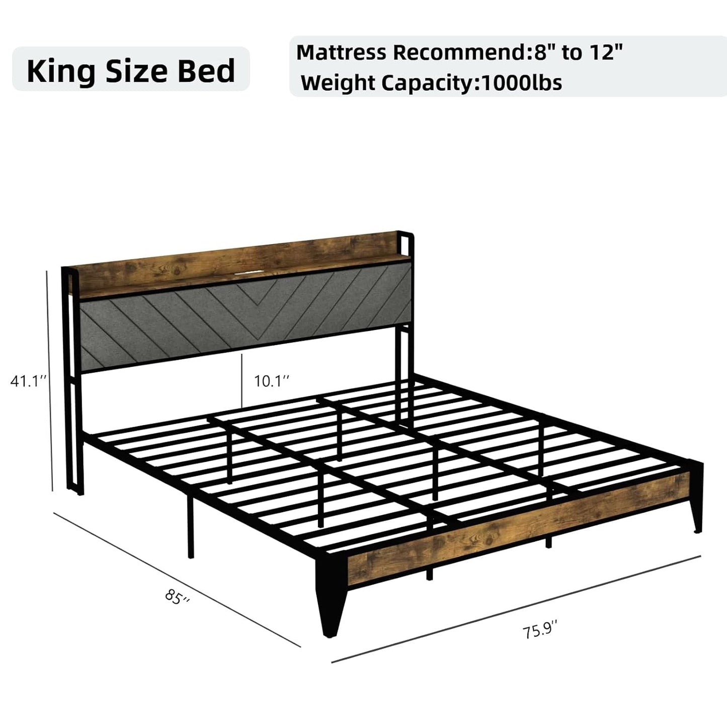 Wooden Platform Bed with Upholstered Headboard, Charging Station