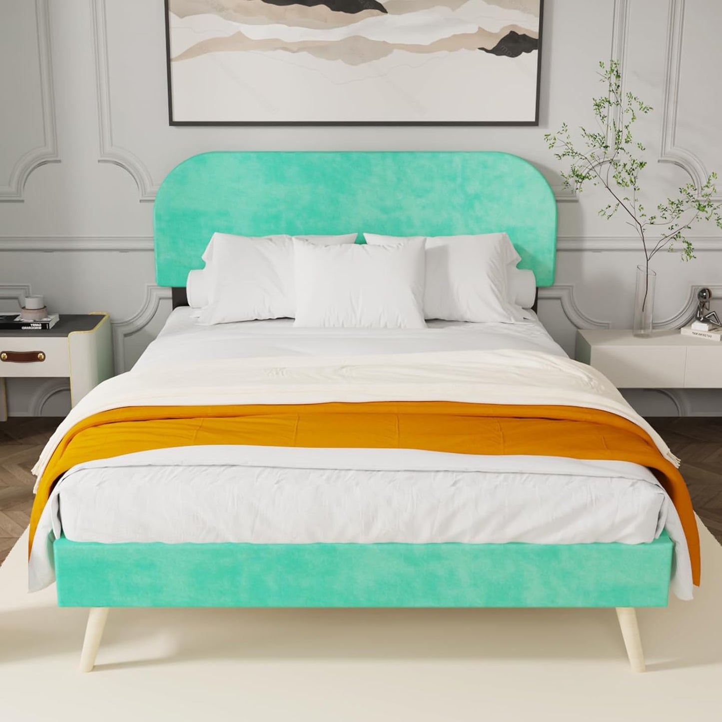 Aqua Velvet Arc Platform Bed with Adjustable Bed