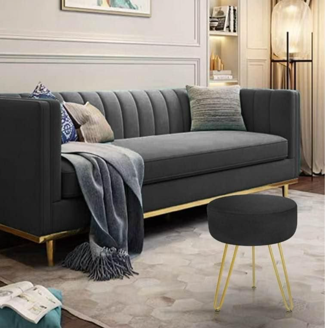 Velvet Ottoman Upholstered Vanity Footstool with Golden Metal Leg