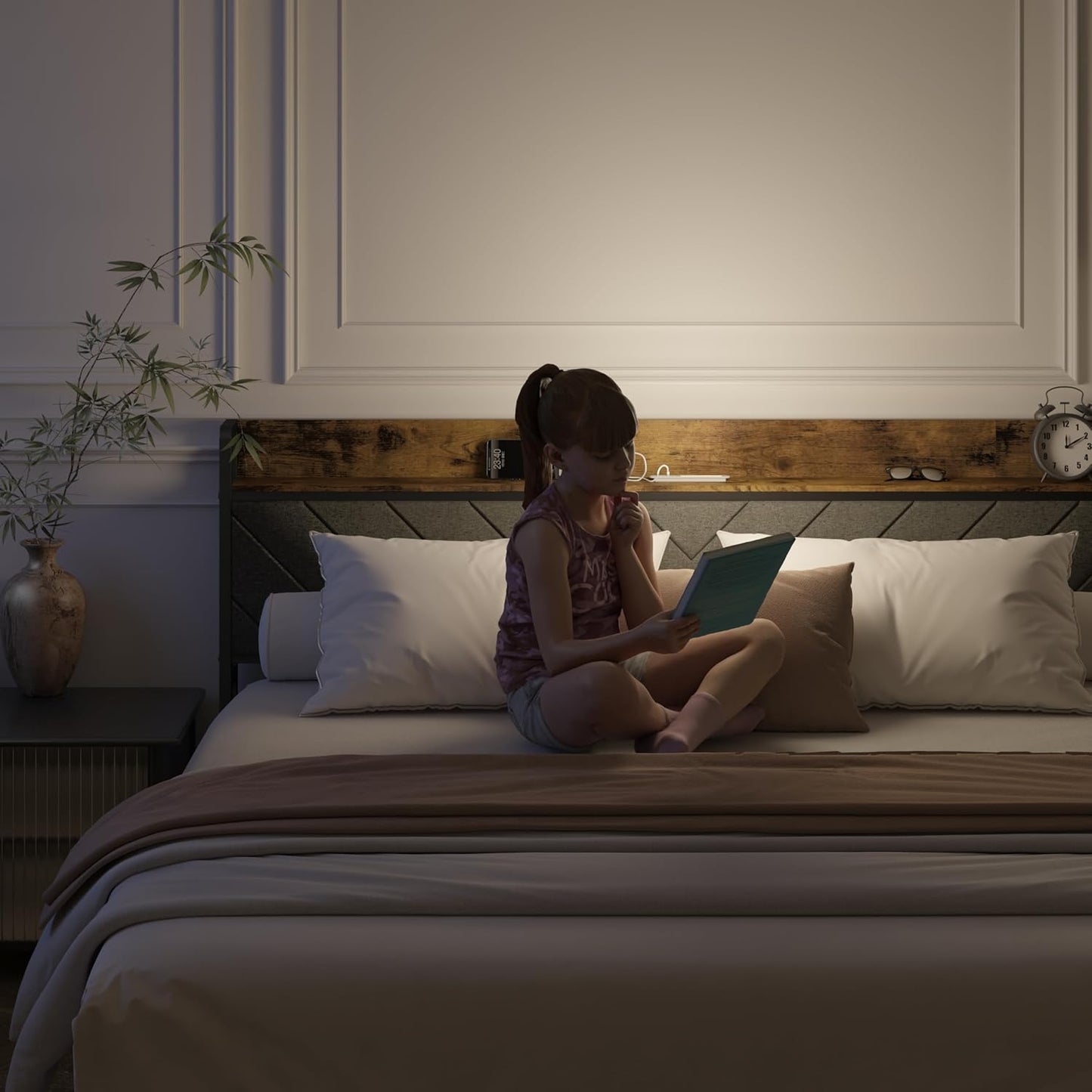 Wooden Platform Bed with Upholstered Headboard, Charging Station