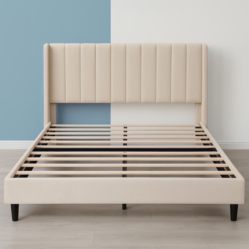 Wingback Velvet Upholstered Platform Bed Frame