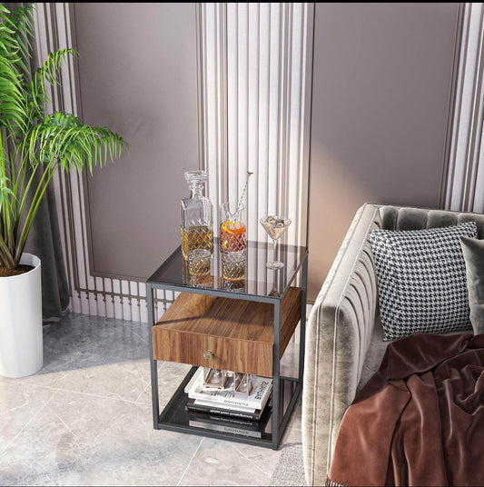 Square Nightstand with Drawer: 2 Tier Tempered Glass Top Shelves