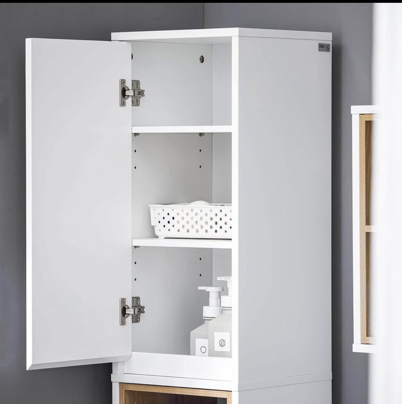 Narrow Bathroom Storage Cabinet with Adjustable Shelves and Open Compartment