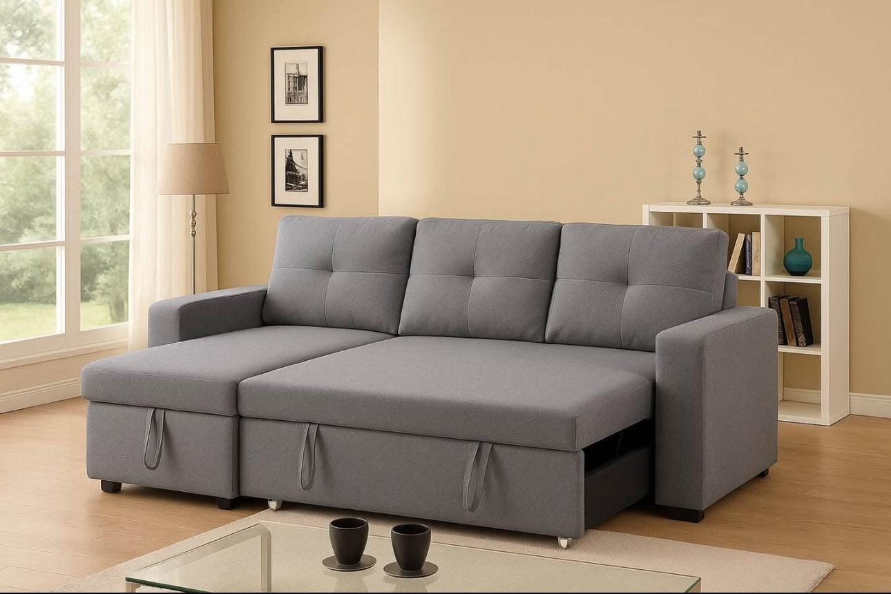 Grey Fabric Sectional Sofa Bed, Reversible Chaise