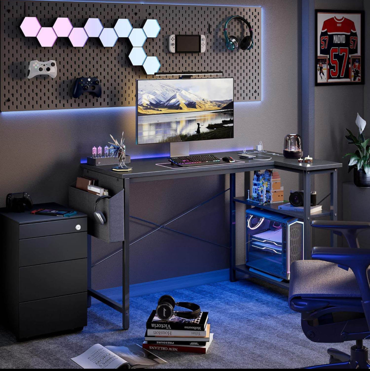 L Shape Gaming Computer Desk with Power Outlet