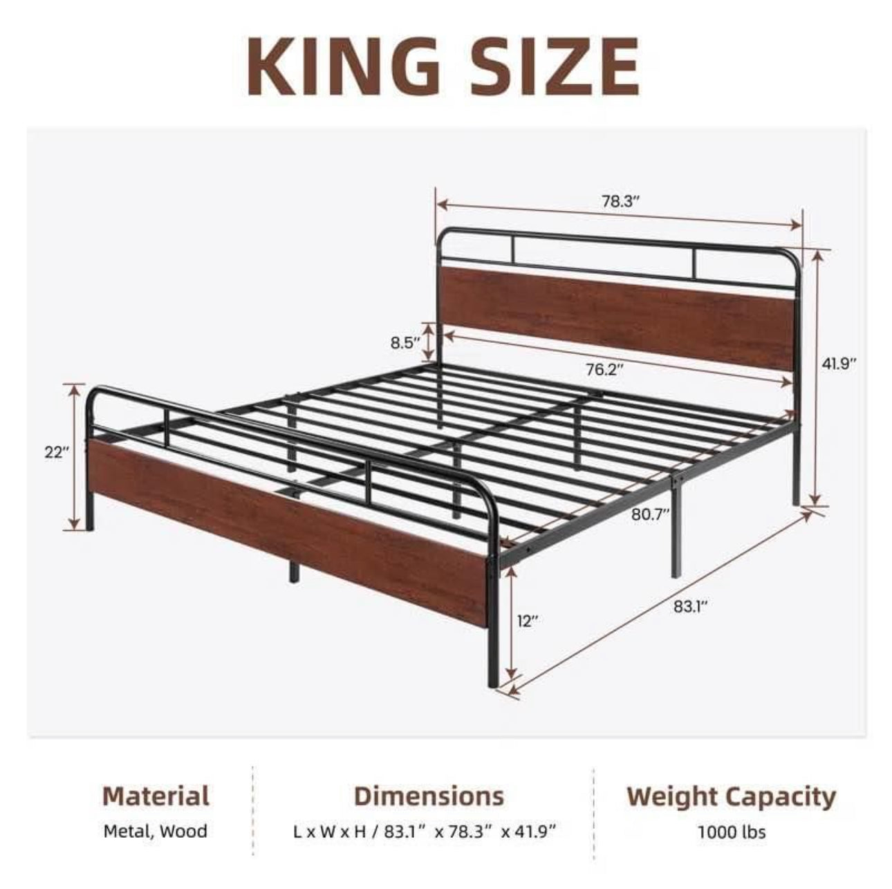 Metal and Wood Platform Bed with Headboard