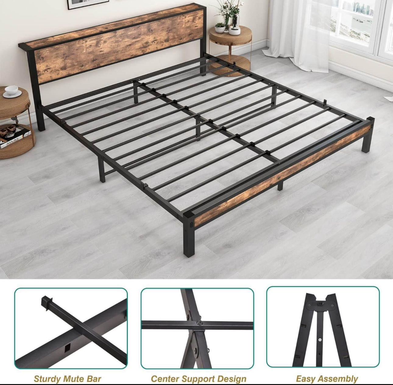 Metal and Wood Platform bed Top Shelf