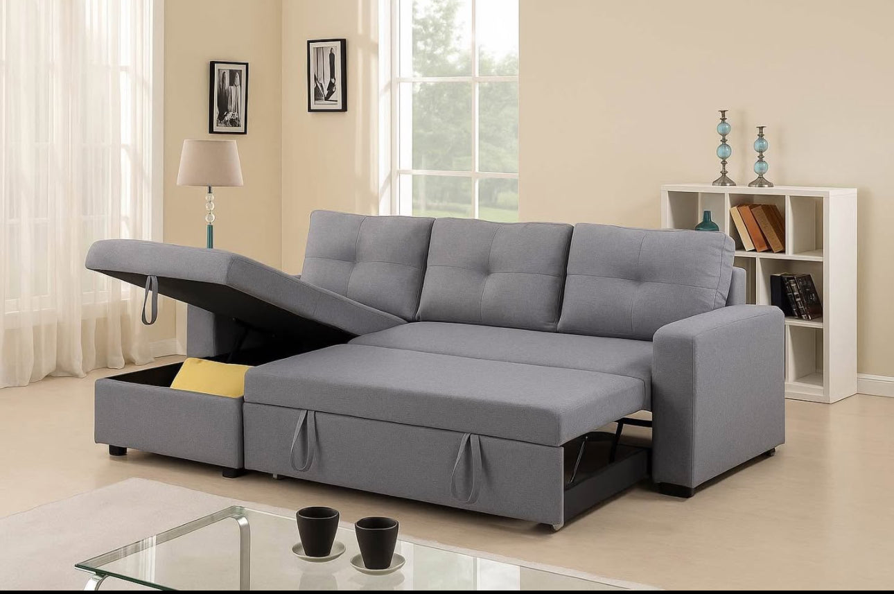 Grey Fabric Sectional Sofa Bed, Reversible Chaise