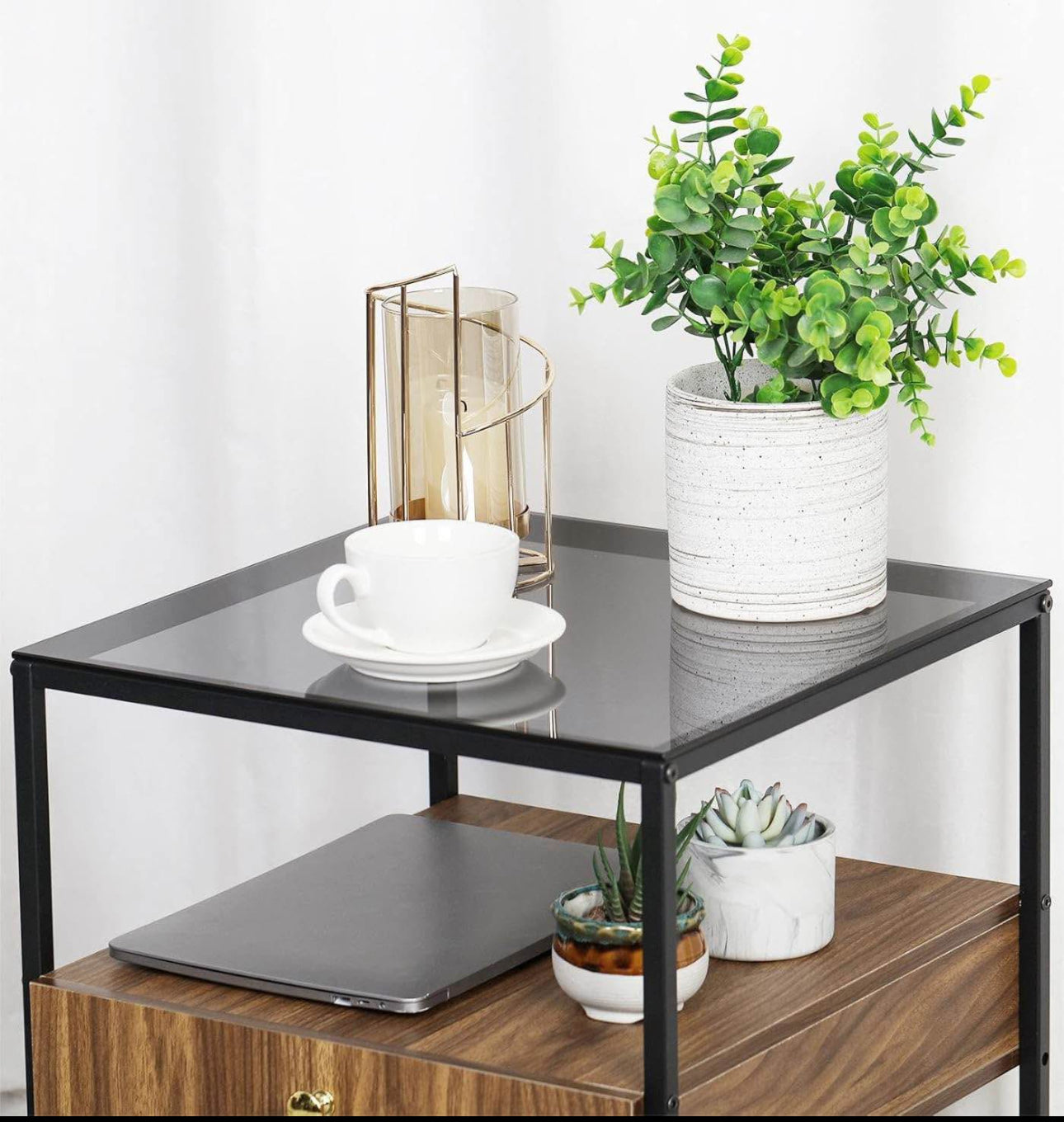 Square Nightstand with Drawer: 2 Tier Tempered Glass Top Shelves