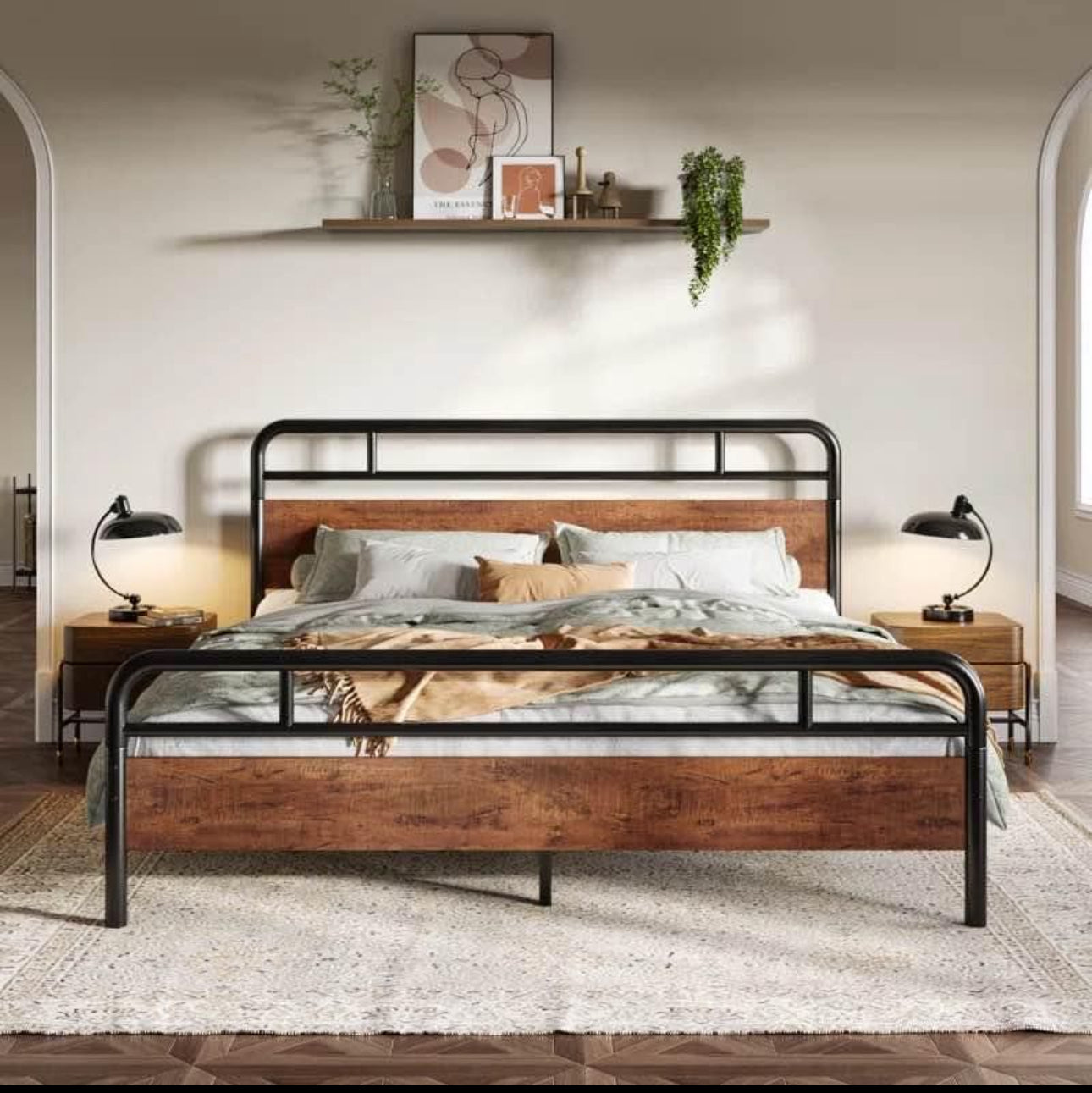 Metal and Wood Platform Bed with Headboard
