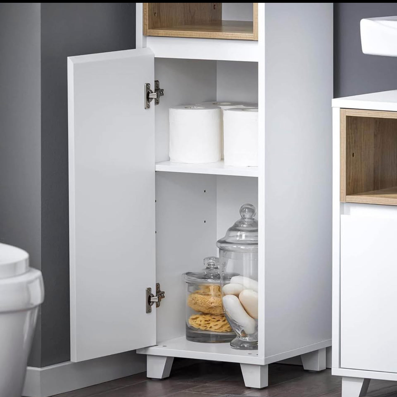 Narrow Bathroom Storage Cabinet with Adjustable Shelves and Open Compartment