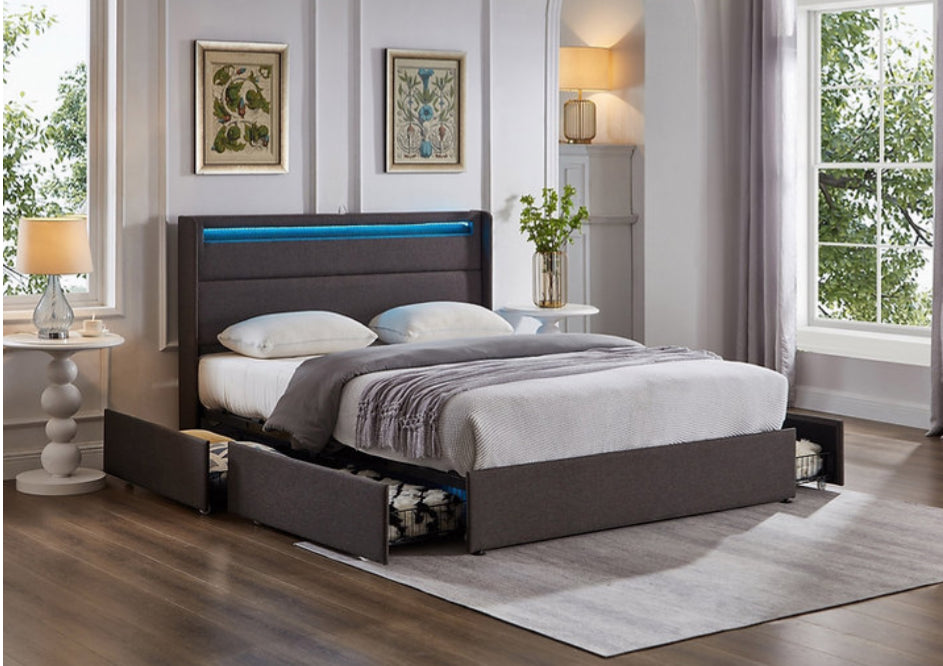 Wingback Design with LED Lights and 4 Large Pull-Out Wire Mesh Storage Drawers