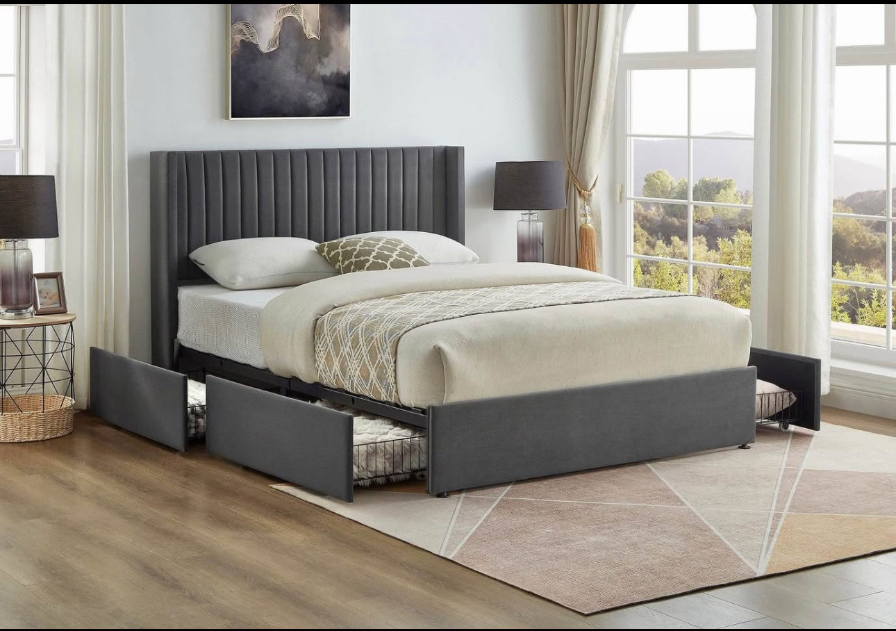 Upholstered Velvet Wingback Storage Platform Bed with 4 Drawers