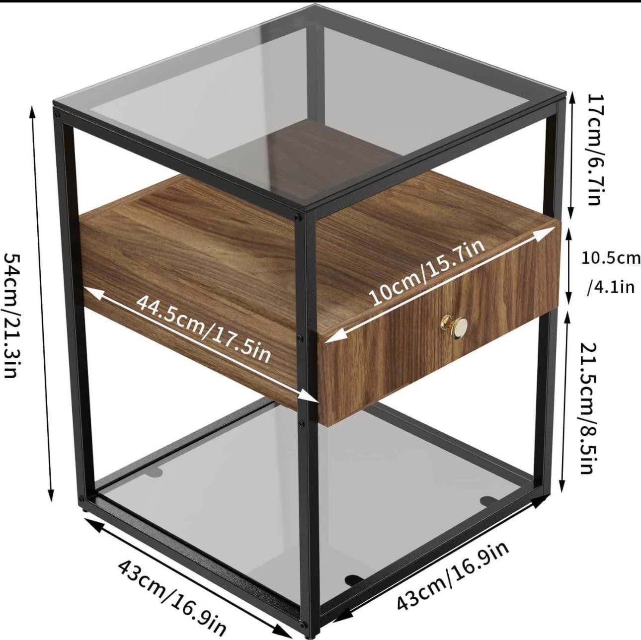 Square Nightstand with Drawer: 2 Tier Tempered Glass Top Shelves
