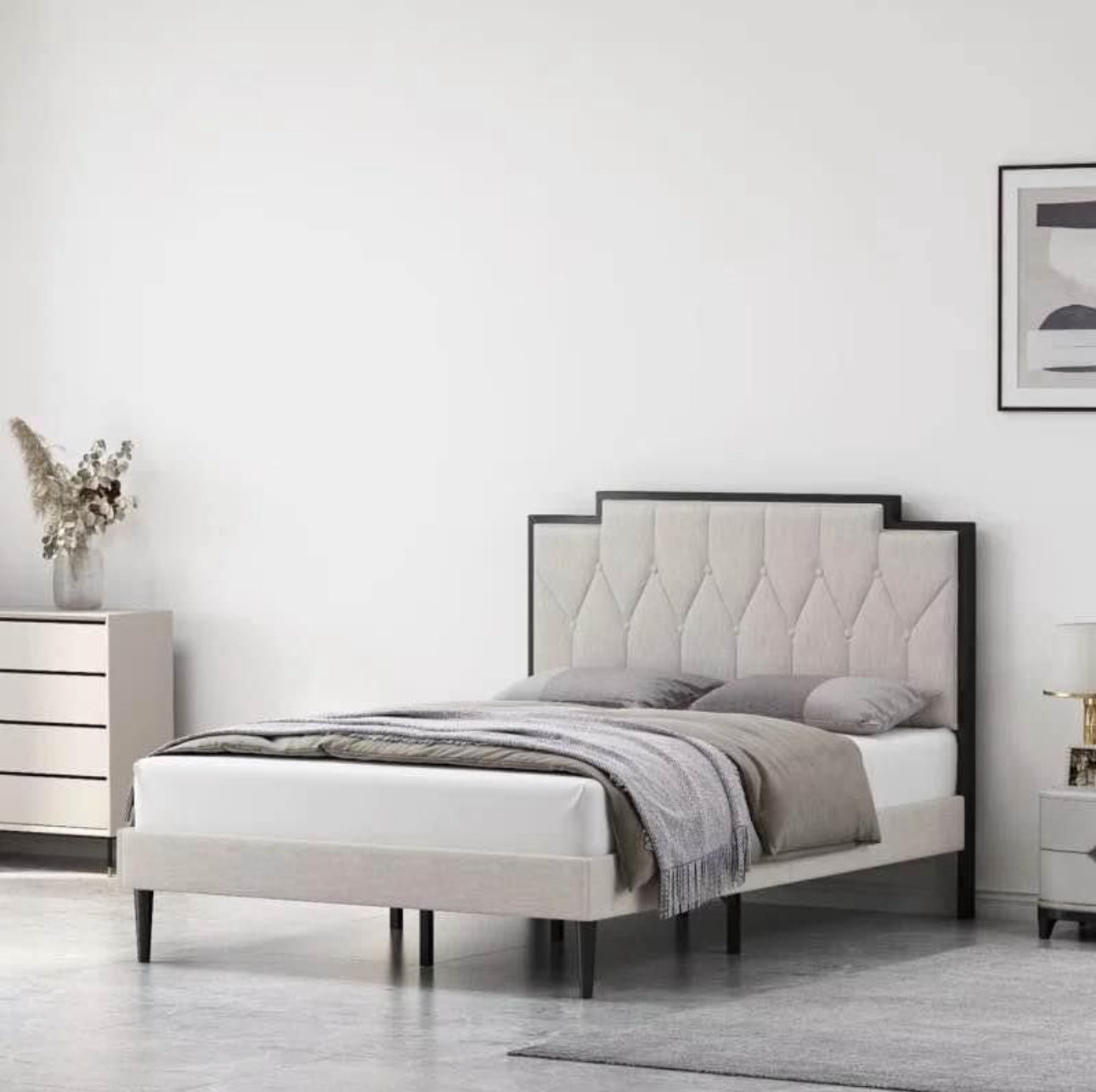 Beige Upholstered Platform Bed Frame