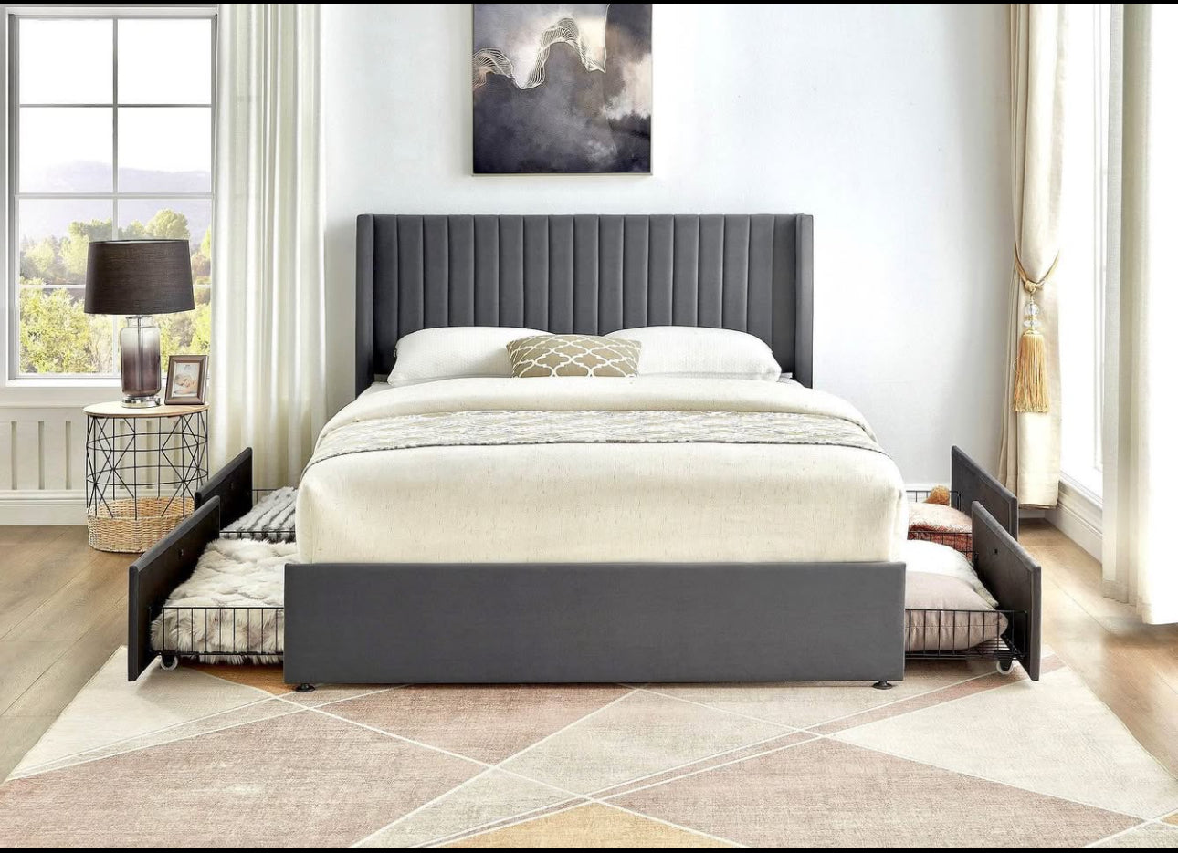 Upholstered Velvet Wingback Storage Platform Bed with 4 Drawers
