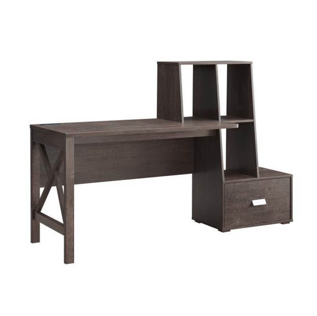 Walnut Oak Desk with Storage and Drawer and Charging Station
