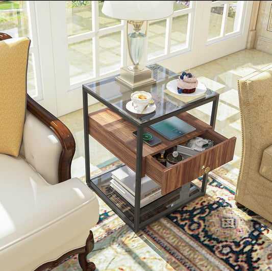 Square Nightstand with Drawer: 2 Tier Tempered Glass Top Shelves