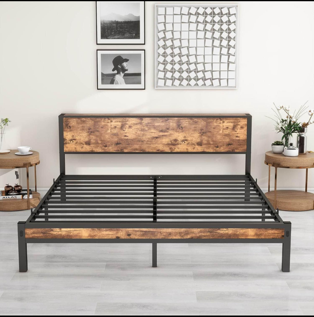 Metal and Wood Platform bed Top Shelf