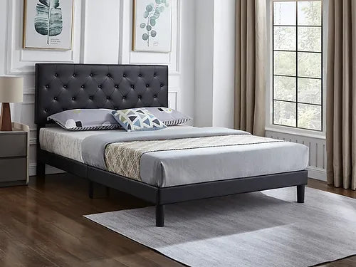Black PU Diamond Tufted Platform Bed Frame