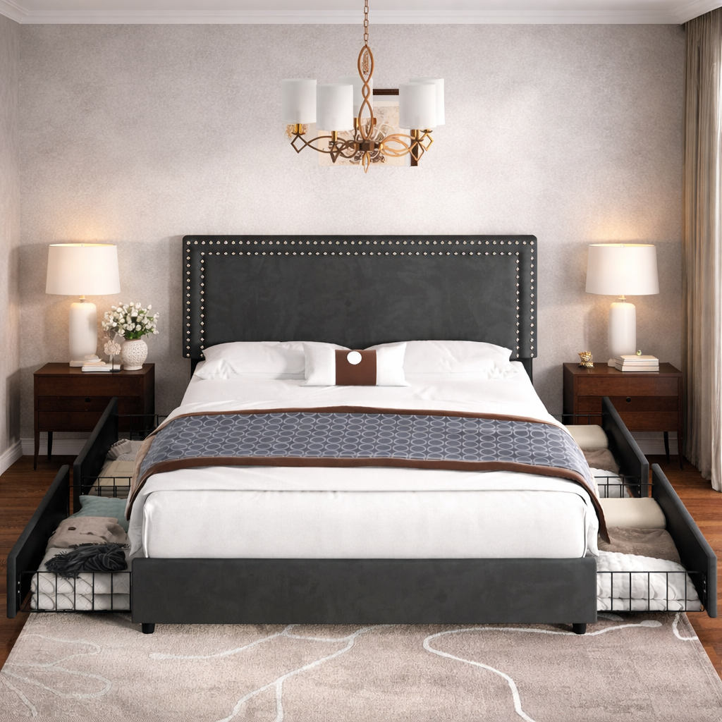 Velvet Upholstered Bed with 4 Drawer Storage