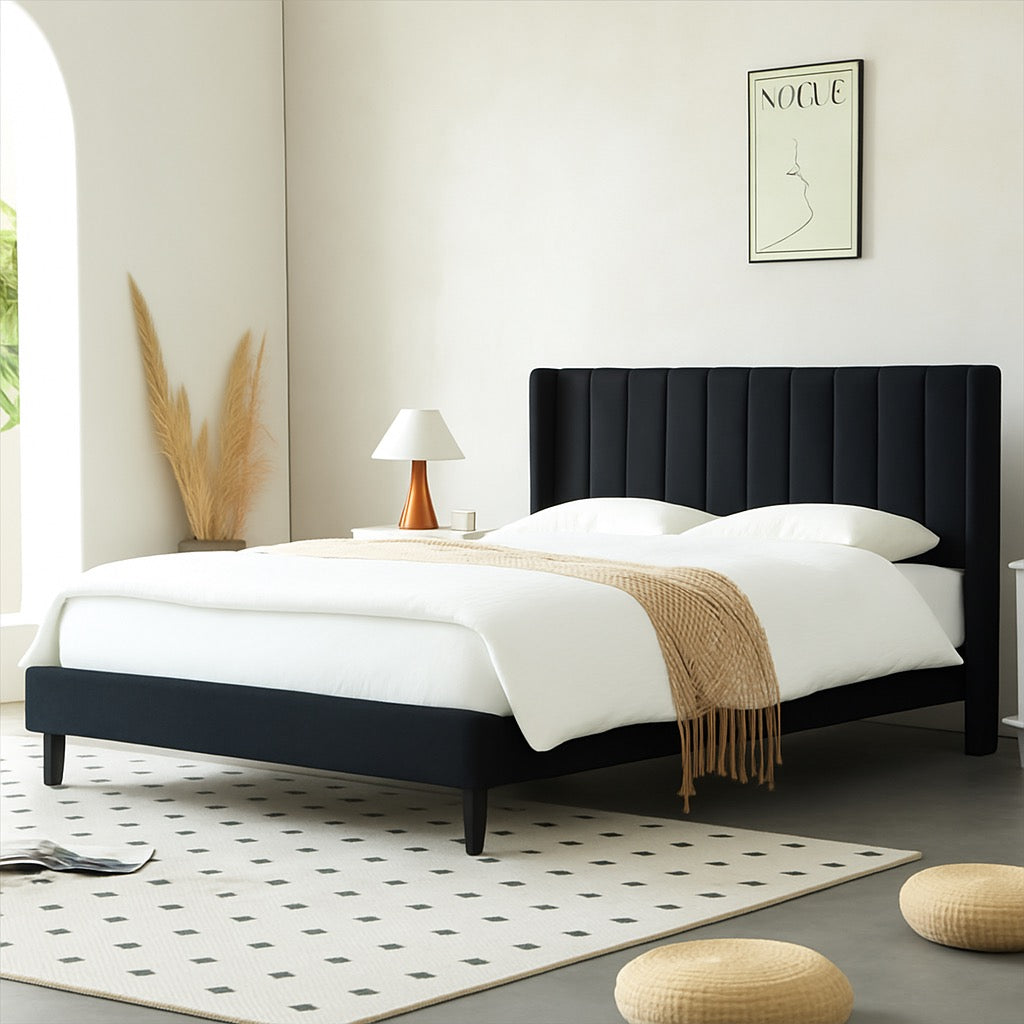 Wingback Velvet Upholstered Platform Bed Frame