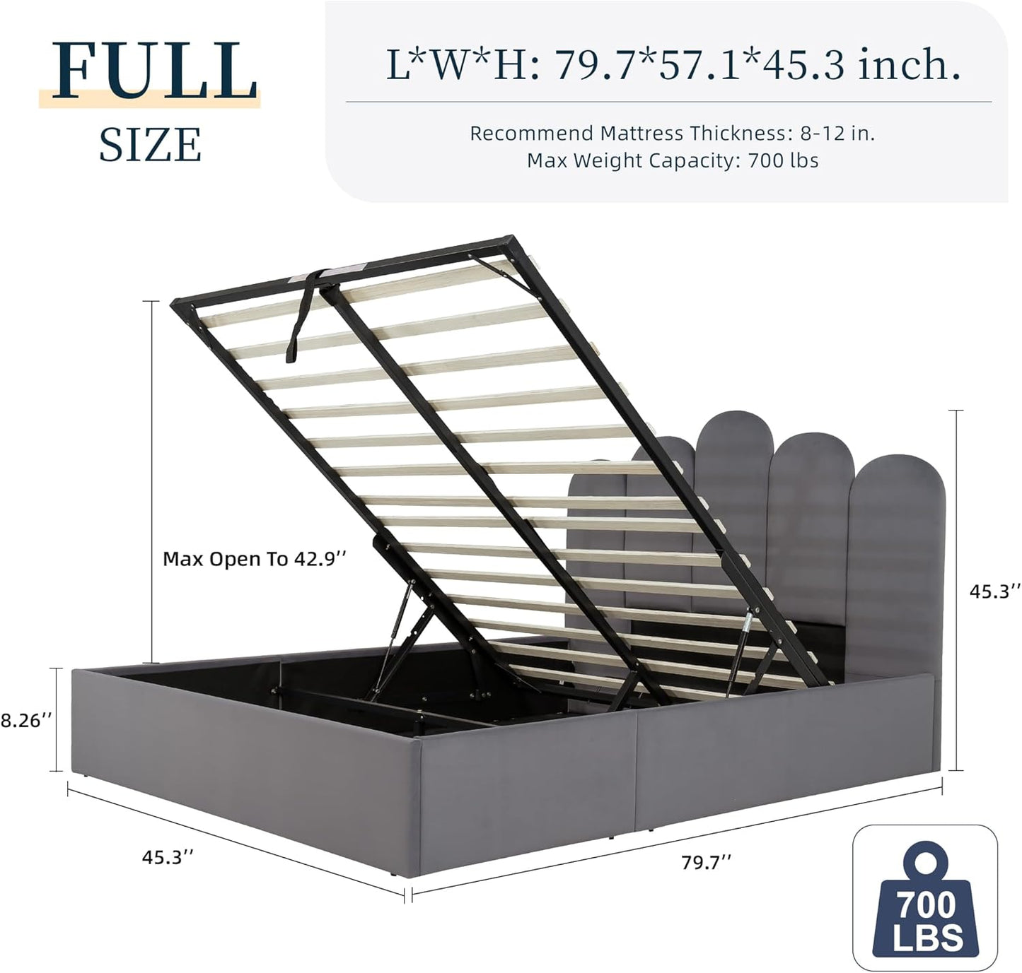 Grey Velvet Hydraulic Storage Platform Bed