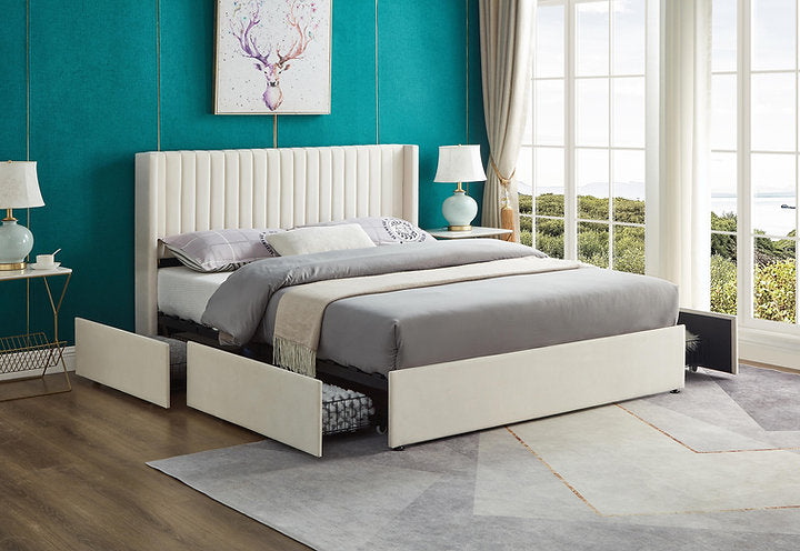 Beige Wingback Upholstered Platform Bed with 4 Drawers