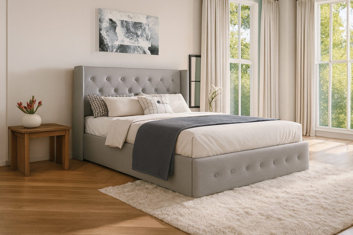 Diamond Tufted Wingback Hydraulic Storage Platform Bed