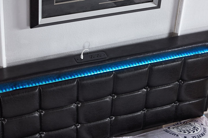 Vegan Leather Upholstered with LED, Charging Station and 4 Drawers