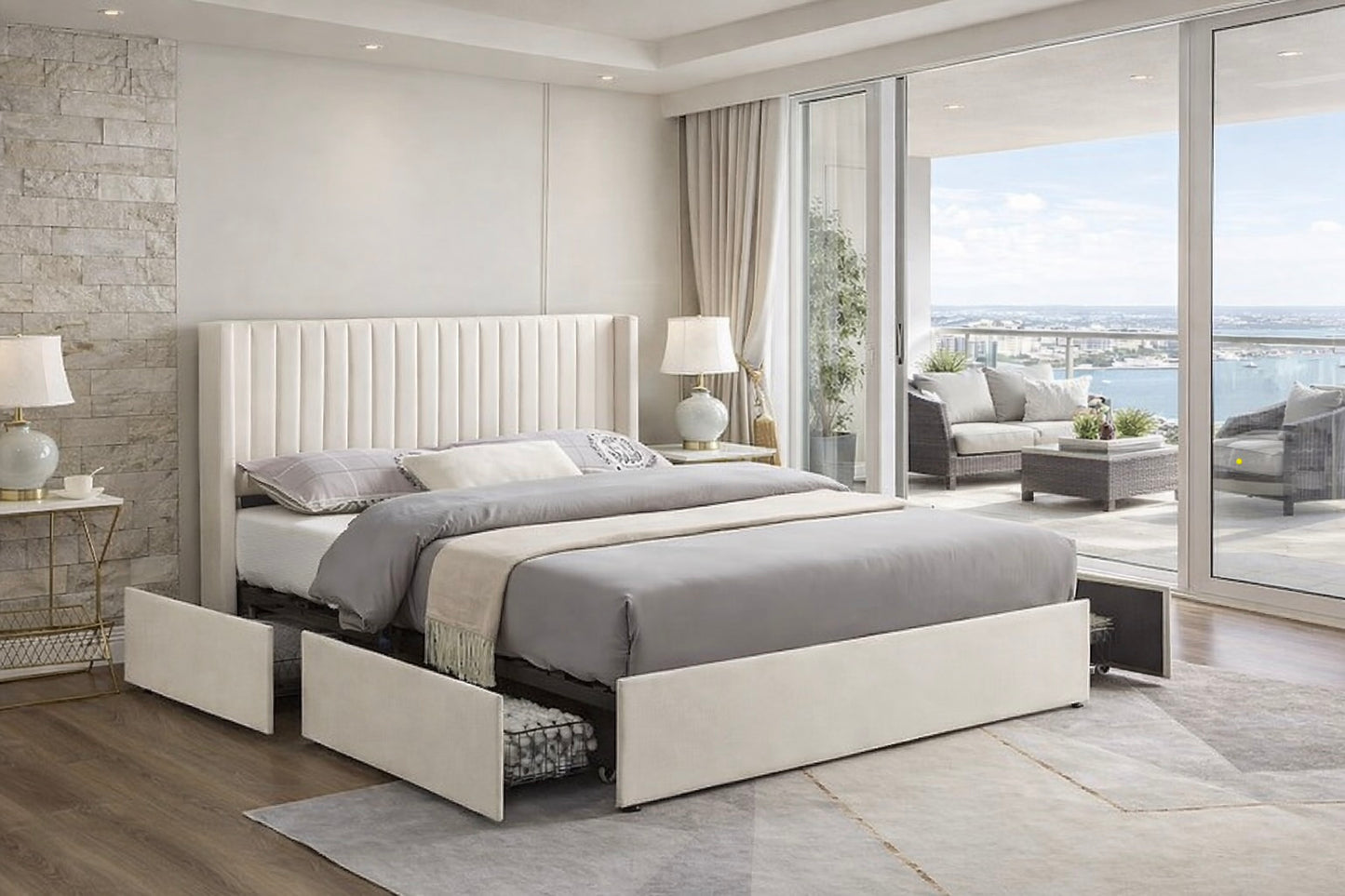 Beige Wingback Upholstered Platform Bed with 4 Drawers