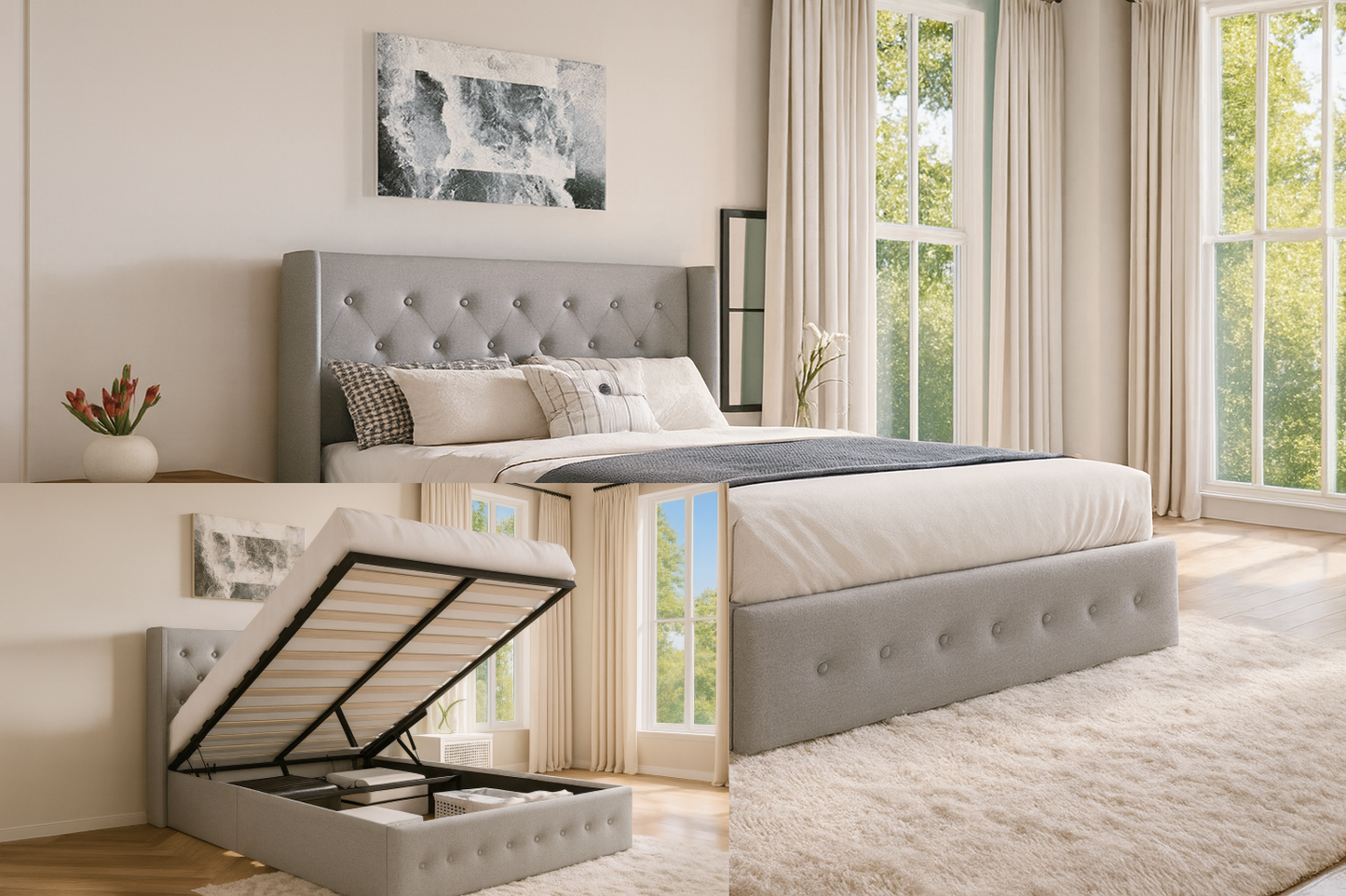 Diamond Tufted Wingback Hydraulic Storage Platform Bed