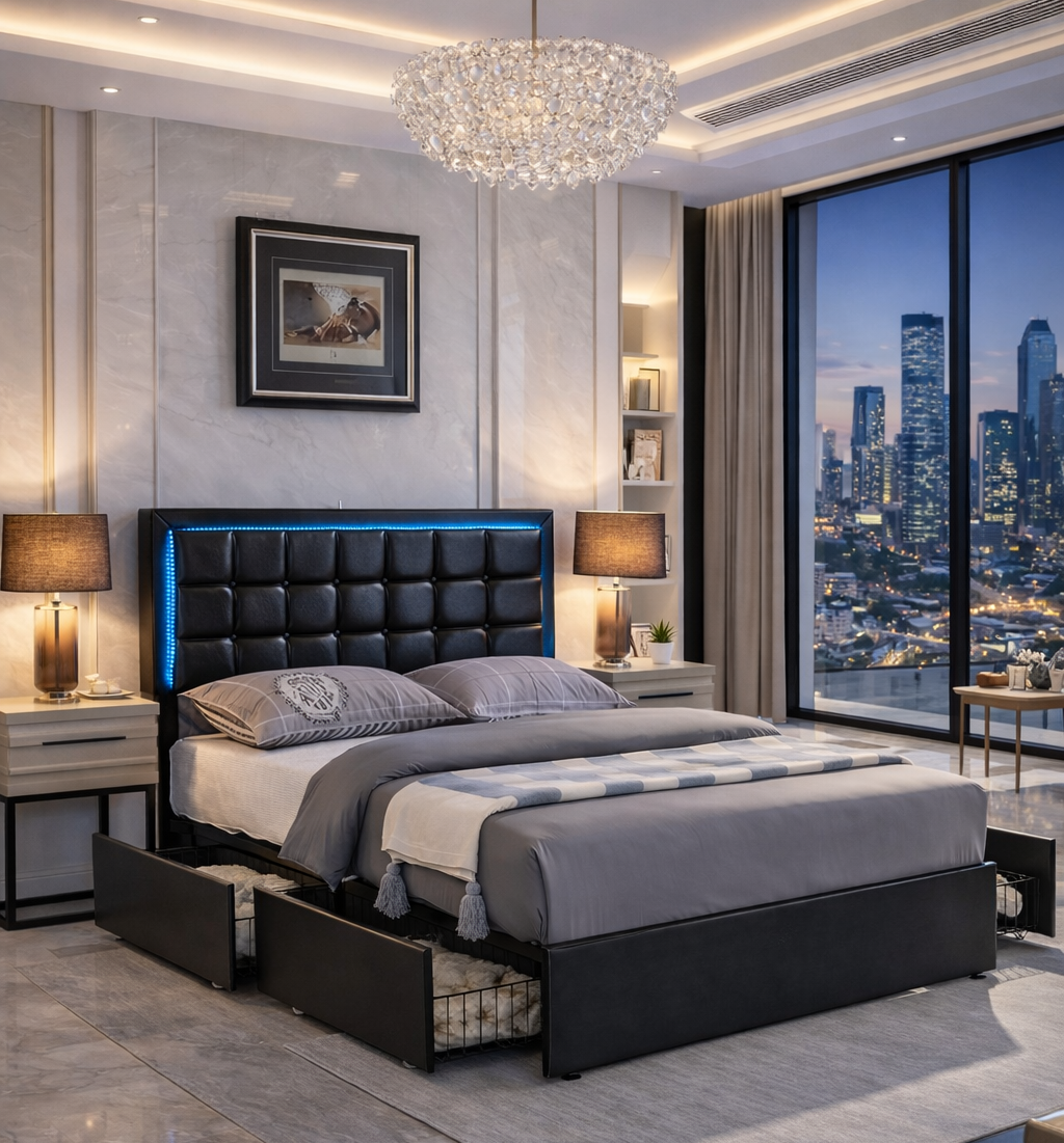 Vegan Leather Upholstered with LED, Charging Station and 4 Drawers