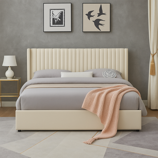 Beige Wingback Upholstered Platform Bed with 4 Drawers