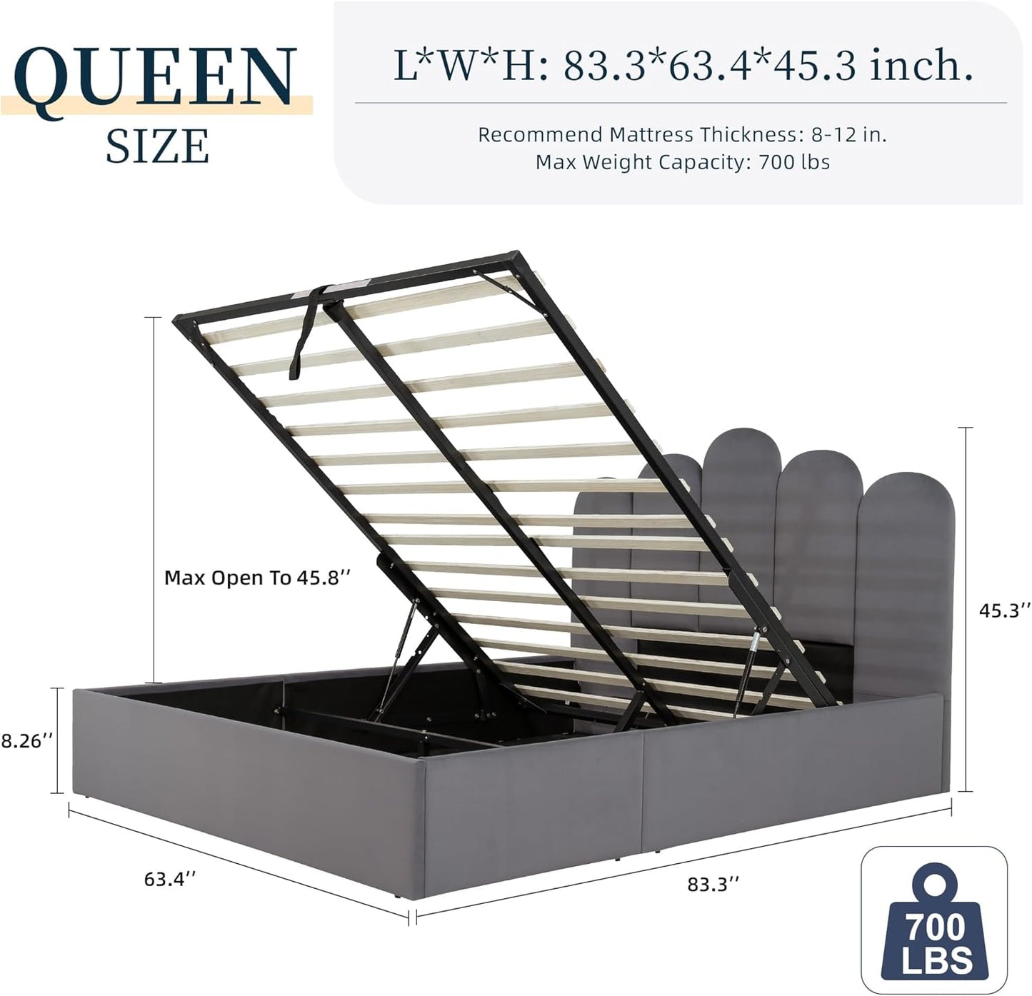 Grey Velvet Hydraulic Storage Platform Bed