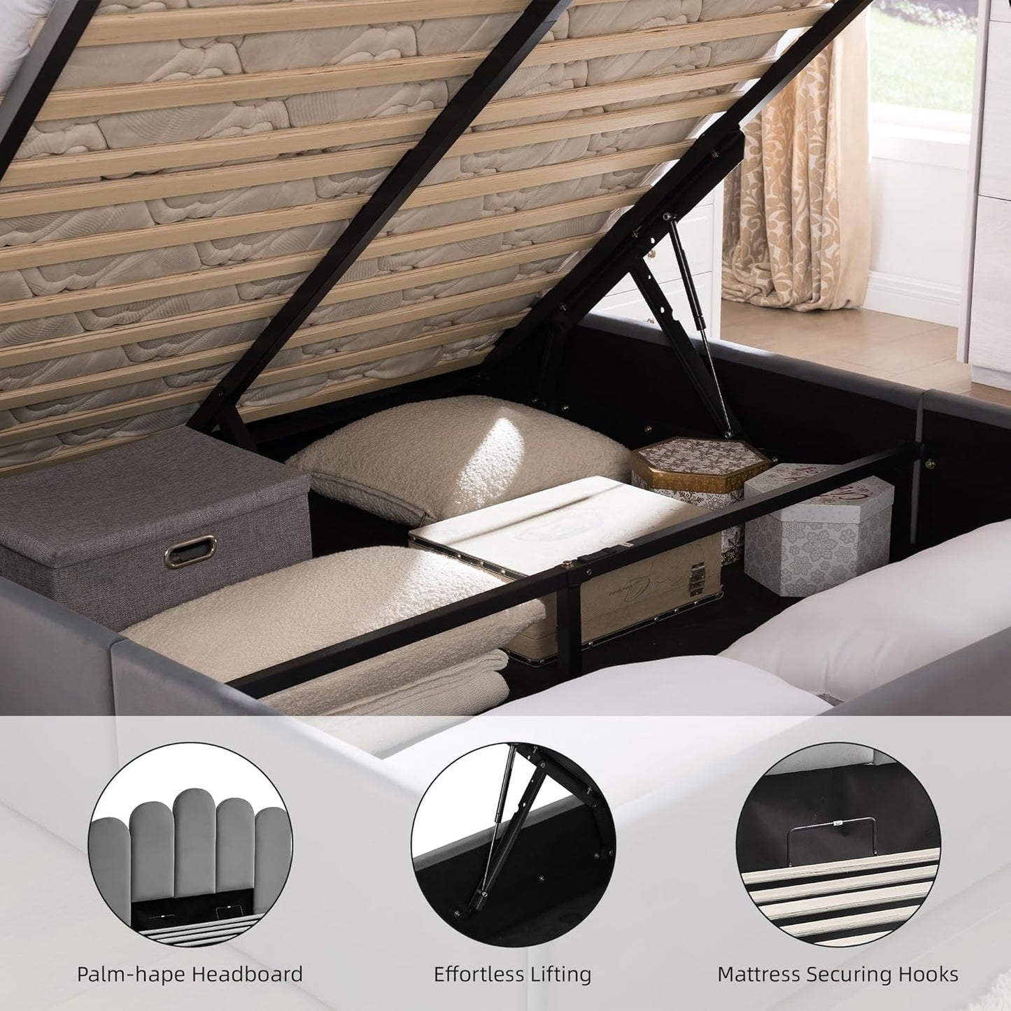 Grey Velvet Hydraulic Storage Platform Bed