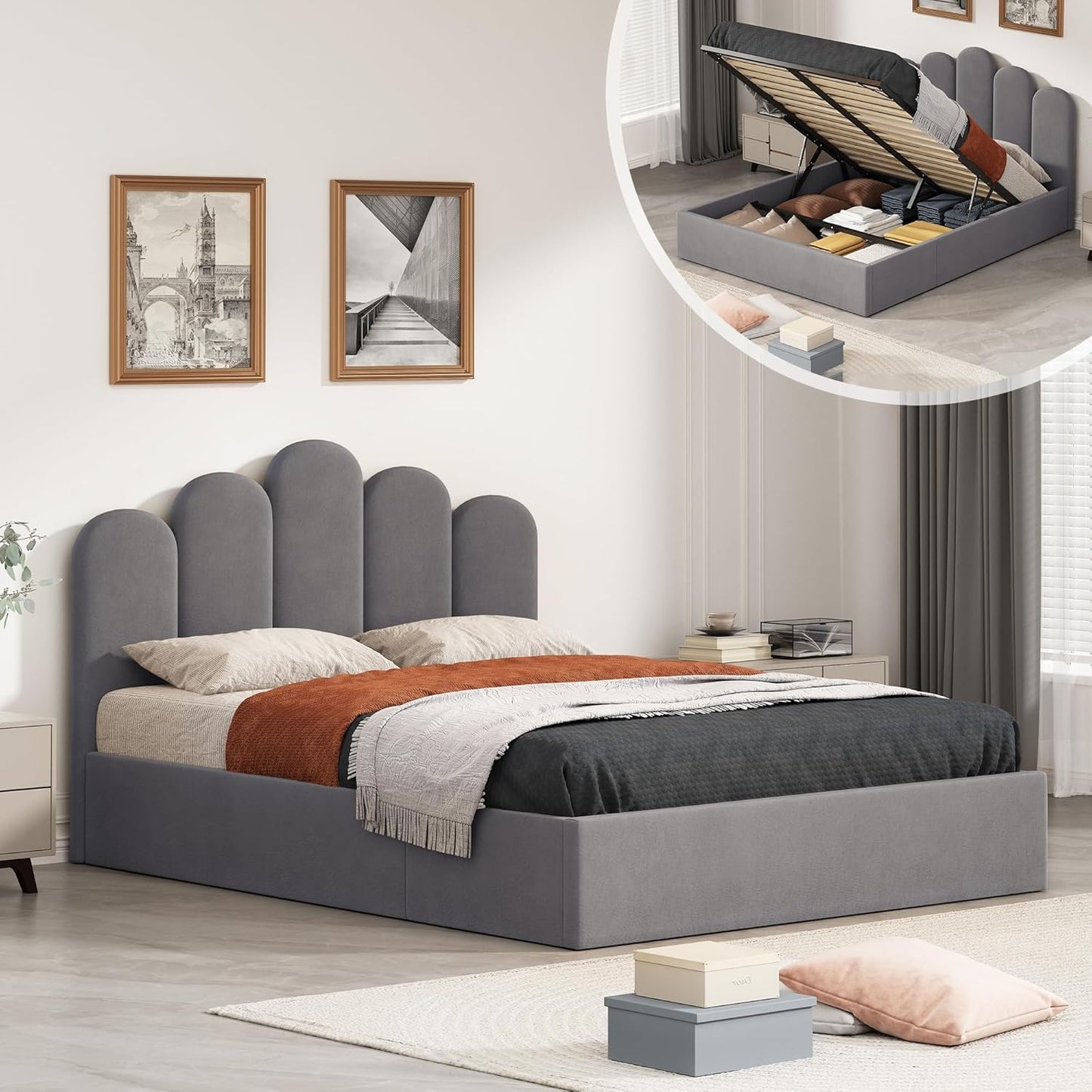 Grey Velvet Hydraulic Storage Platform Bed