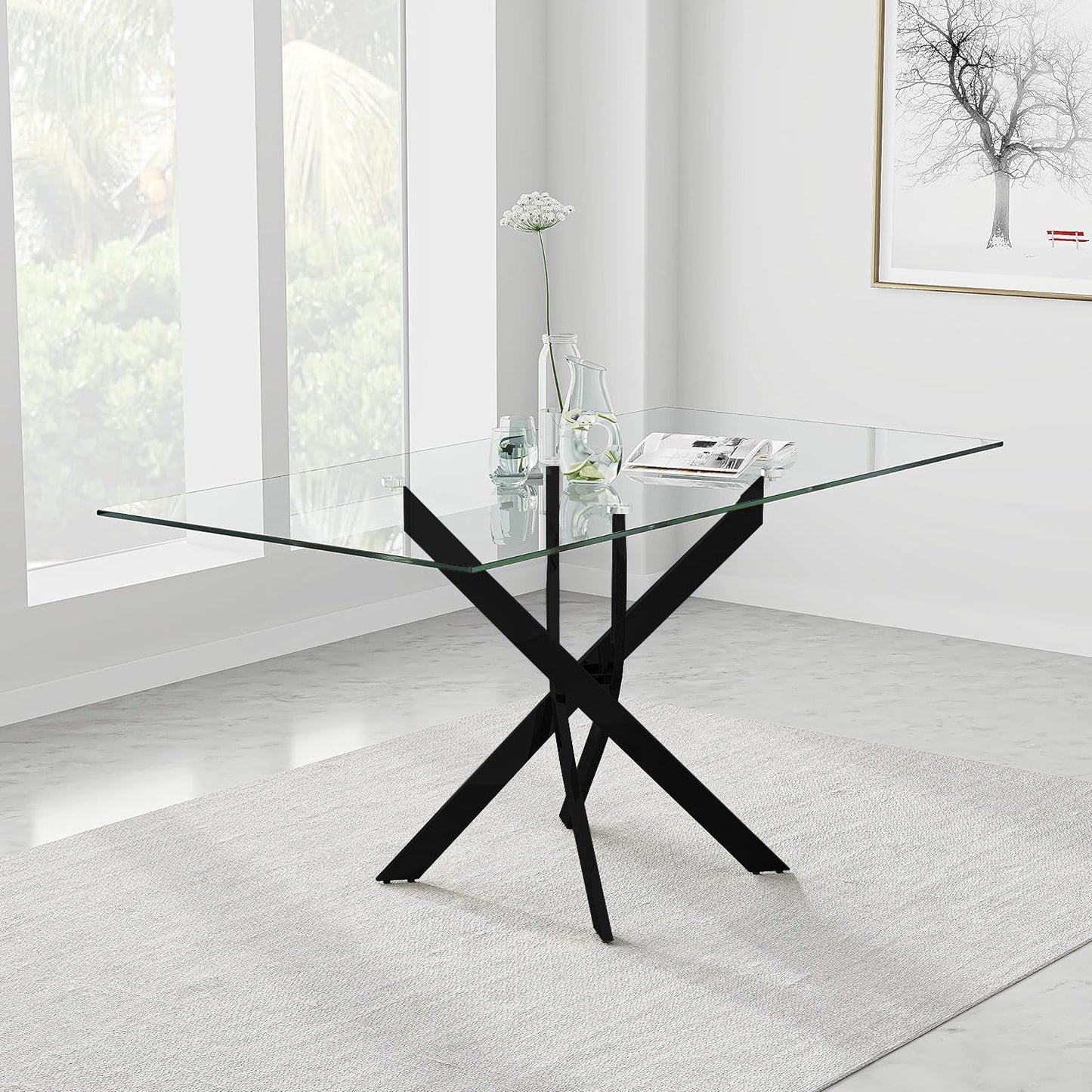 6 Seater Glass Dining Table with Solid Metal Legs