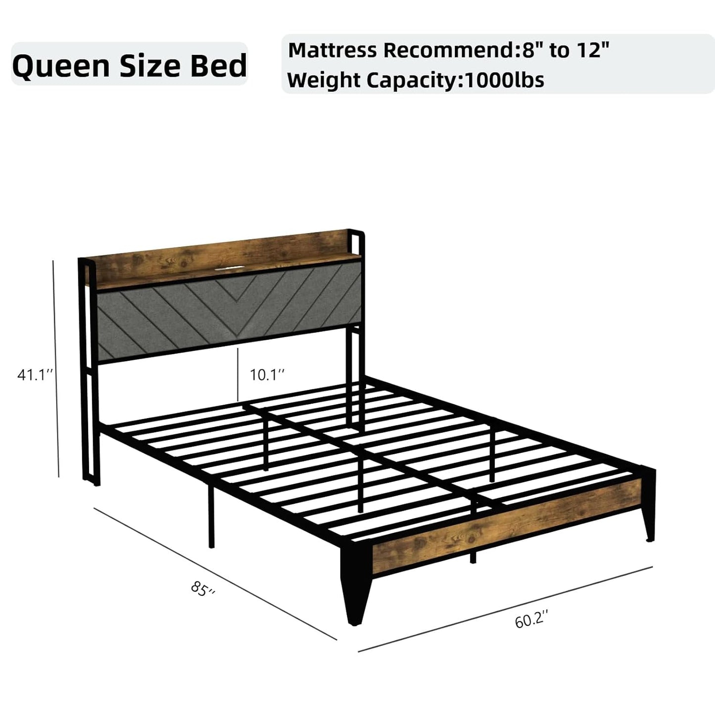 Wooden Platform Bed with Upholstered Headboard, Charging Station