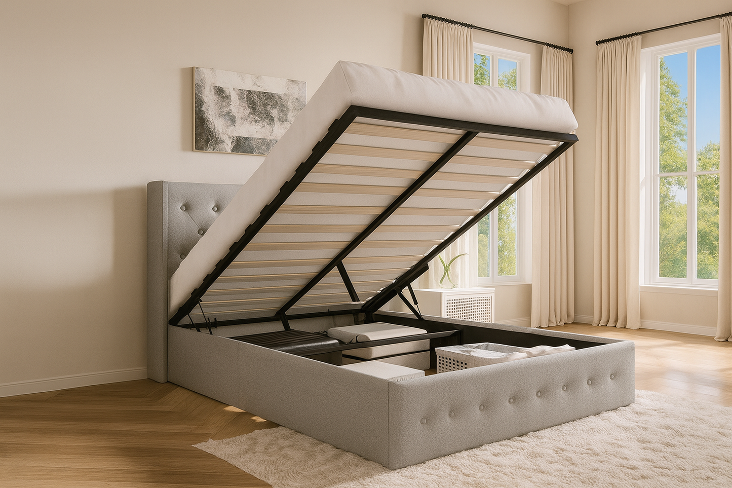 Diamond Tufted Wingback Hydraulic Storage Platform Bed