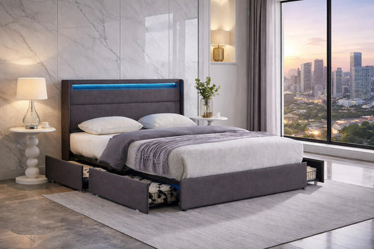 Wingback Design with LED Lights and 4 Large Pull-Out Wire Mesh Storage Drawers