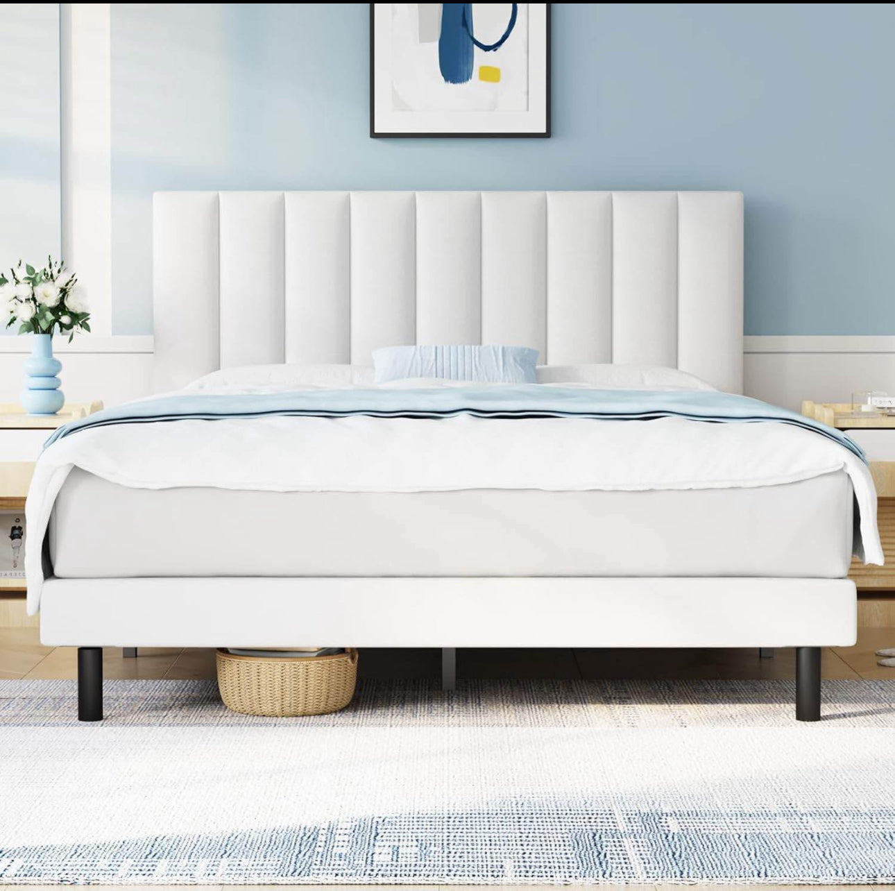 White Vegan Leather Vertical Tufted Platform Bed Frame