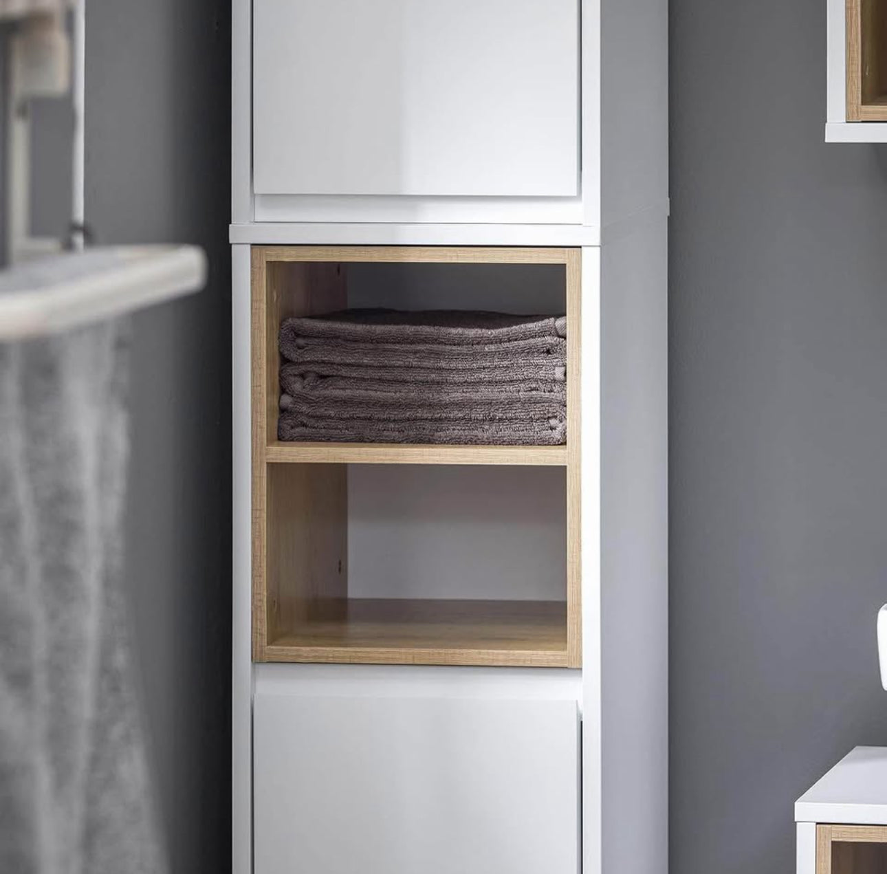 Narrow Bathroom Storage Cabinet with Adjustable Shelves and Open Compartment