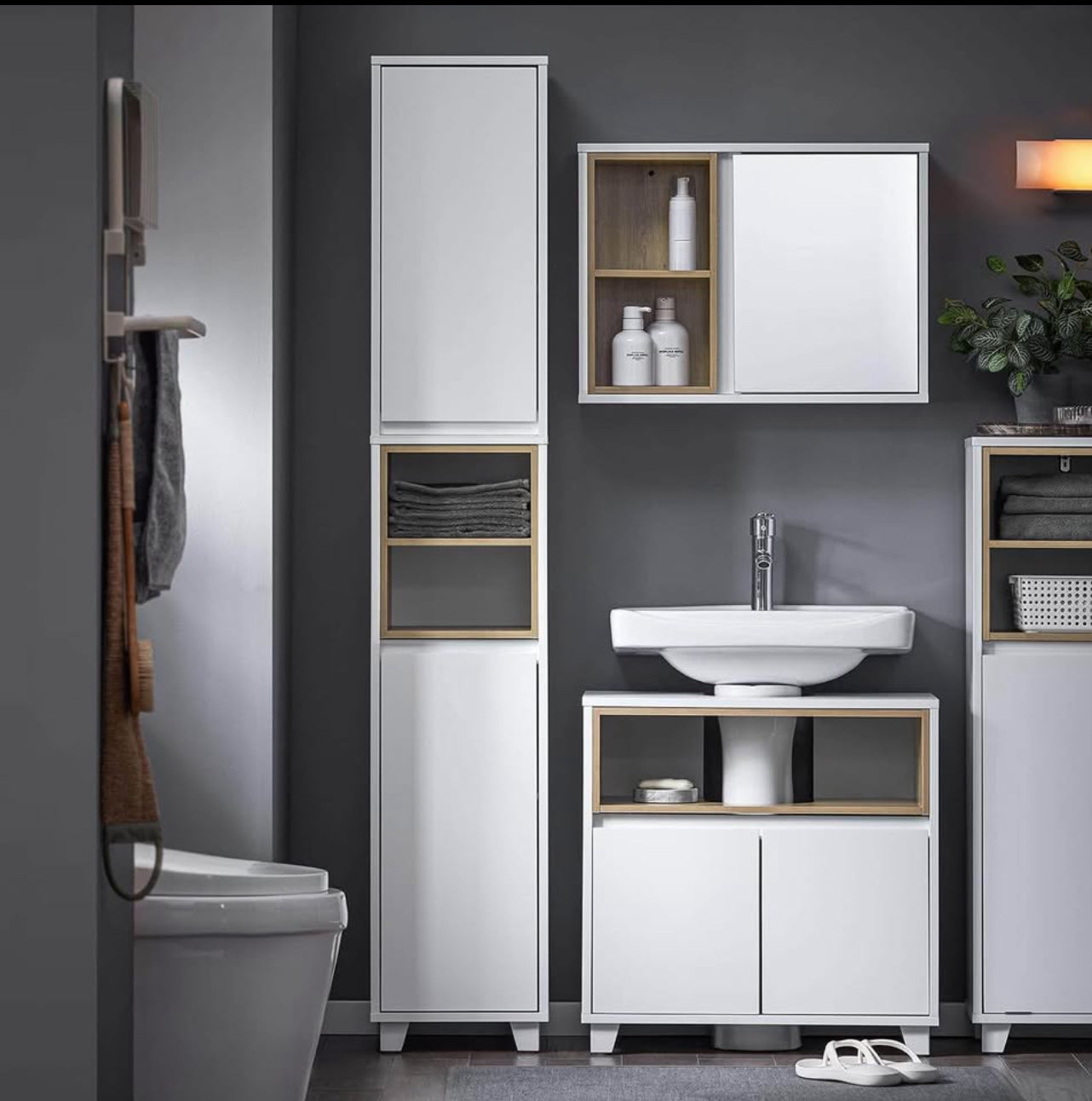 Narrow Bathroom Storage Cabinet with Adjustable Shelves and Open Compartment