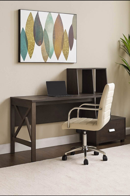 Walnut Oak Desk with Storage and Drawer and Charging Station